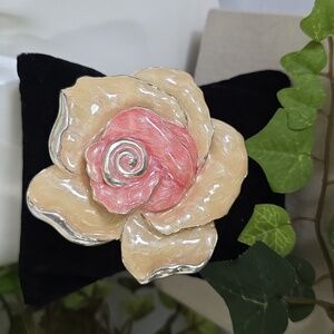 Vintage Statement Gold Enamel Pink Ivory Rose Flower Brooch Pin